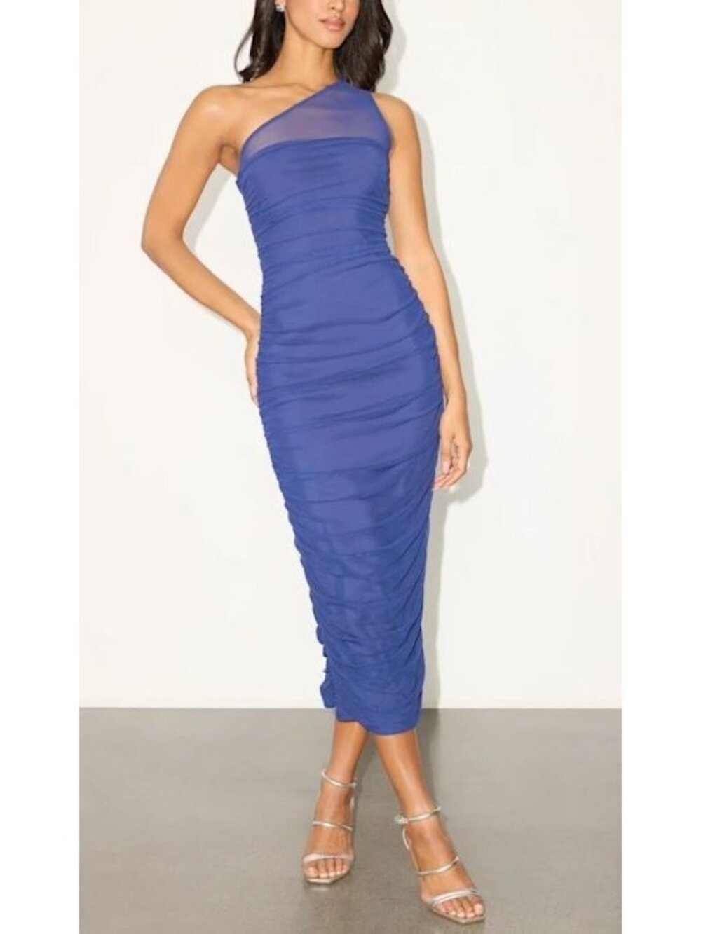 Lulus Kiden Navy Blue Mesh Ruched One-Shoulder Midi Dress Size Small NWT